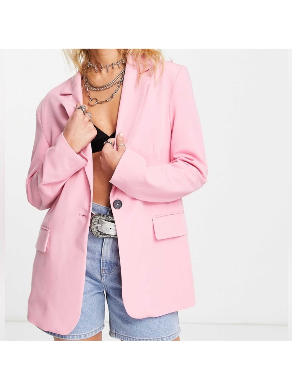 Bershka Soft Pink Single-Button Blazer